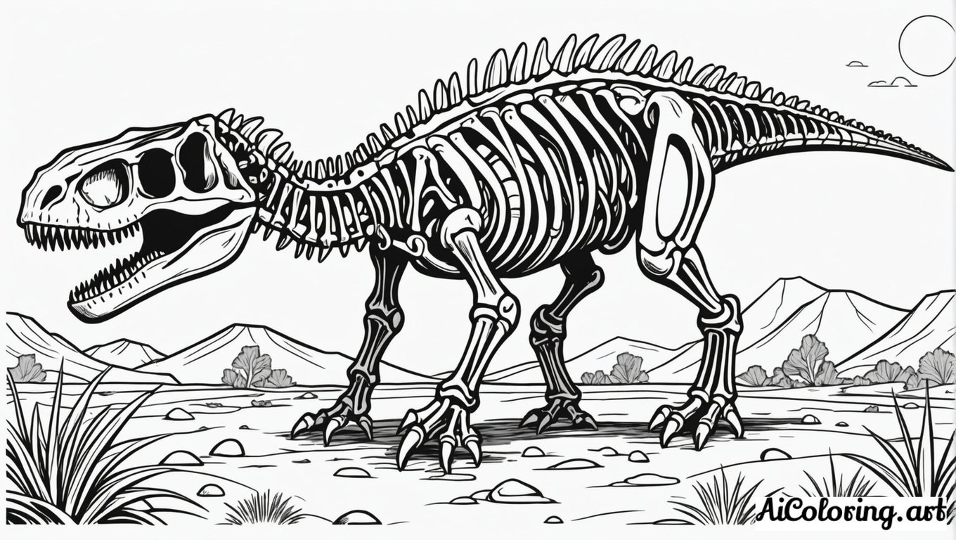 Free coloring page to print dinosaur skeleton fossil dig site