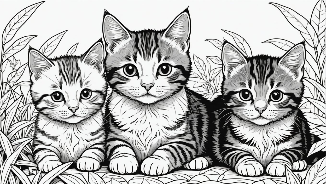 A cute mother cat with 2 kittens surrounded by plants