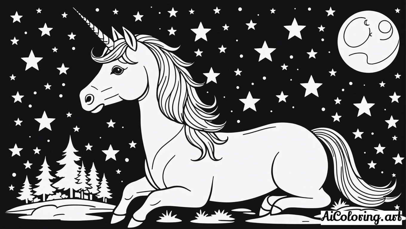 Free coloring page to print sleeping unicorn moon stars