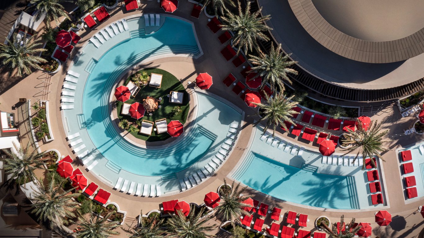 Drone Shot of Pool 1 | Crockfords Las Vegas, LXR Hotels and Resorts