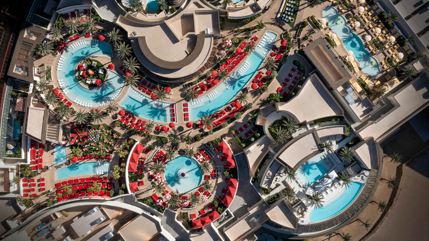 Drone Shot of Pool 3 | Crockfords Las Vegas, LXR Hotels and Resorts