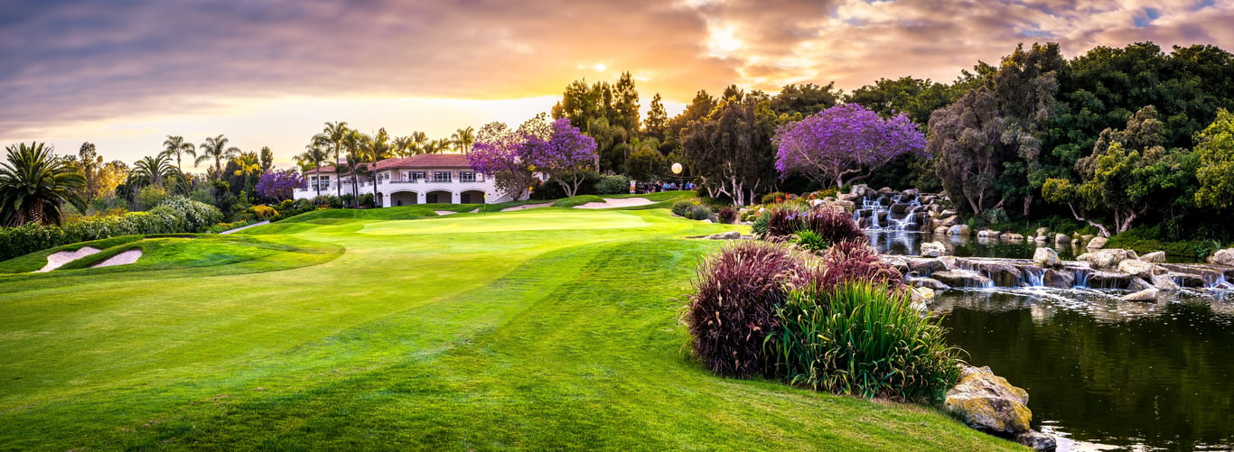 Aviara Golf - Clubhouse with purple flowers | Park Hyatt Aviara Resort, Spa & Golf Club