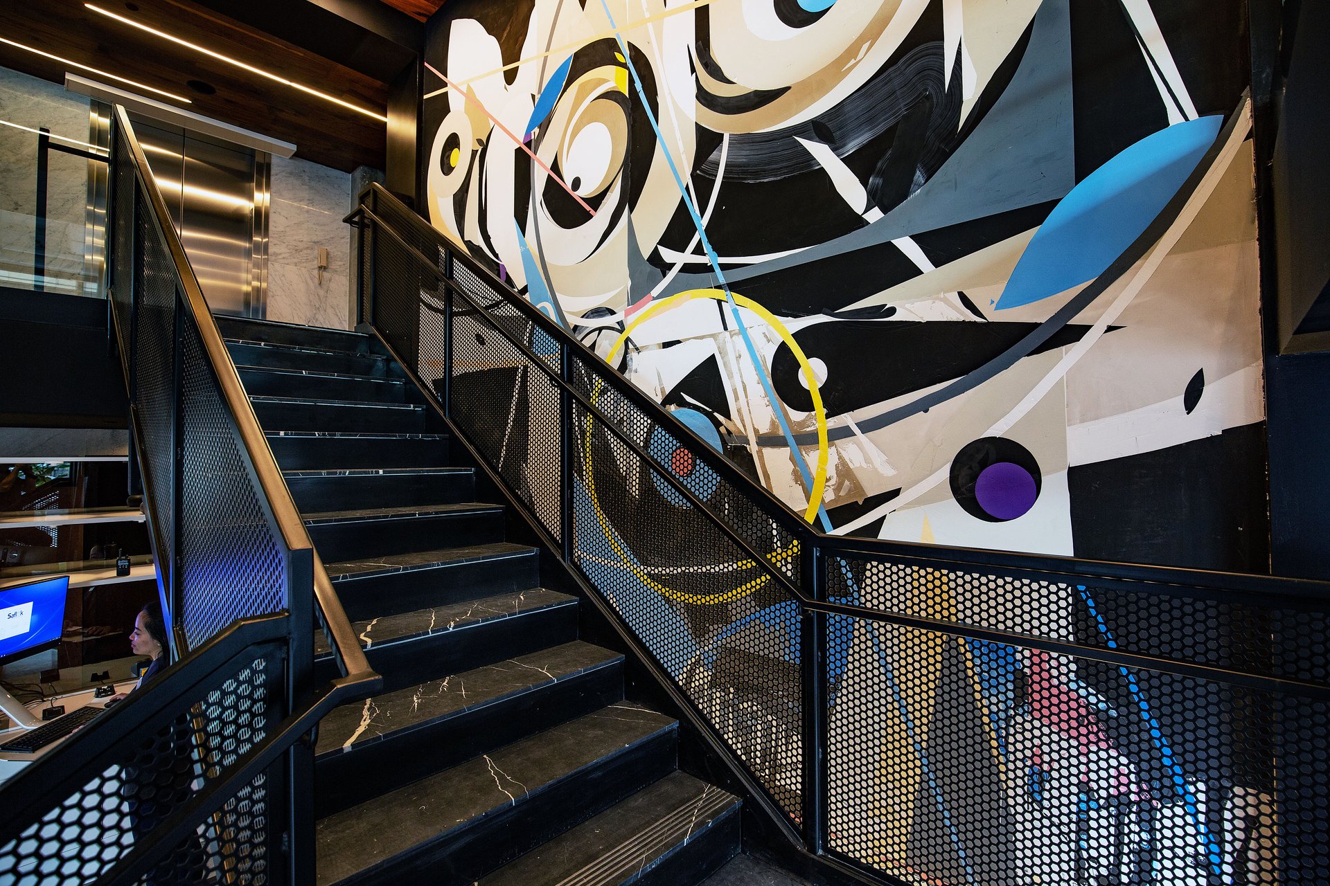 Lobby Staircase Victor Reyes Piece | YOTEL San Francisco