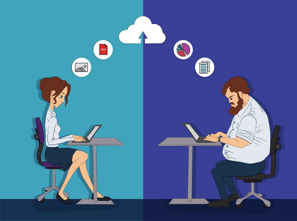 Photo illustration showing a man and a women sitting at desks, uploading or merging files through the cloud