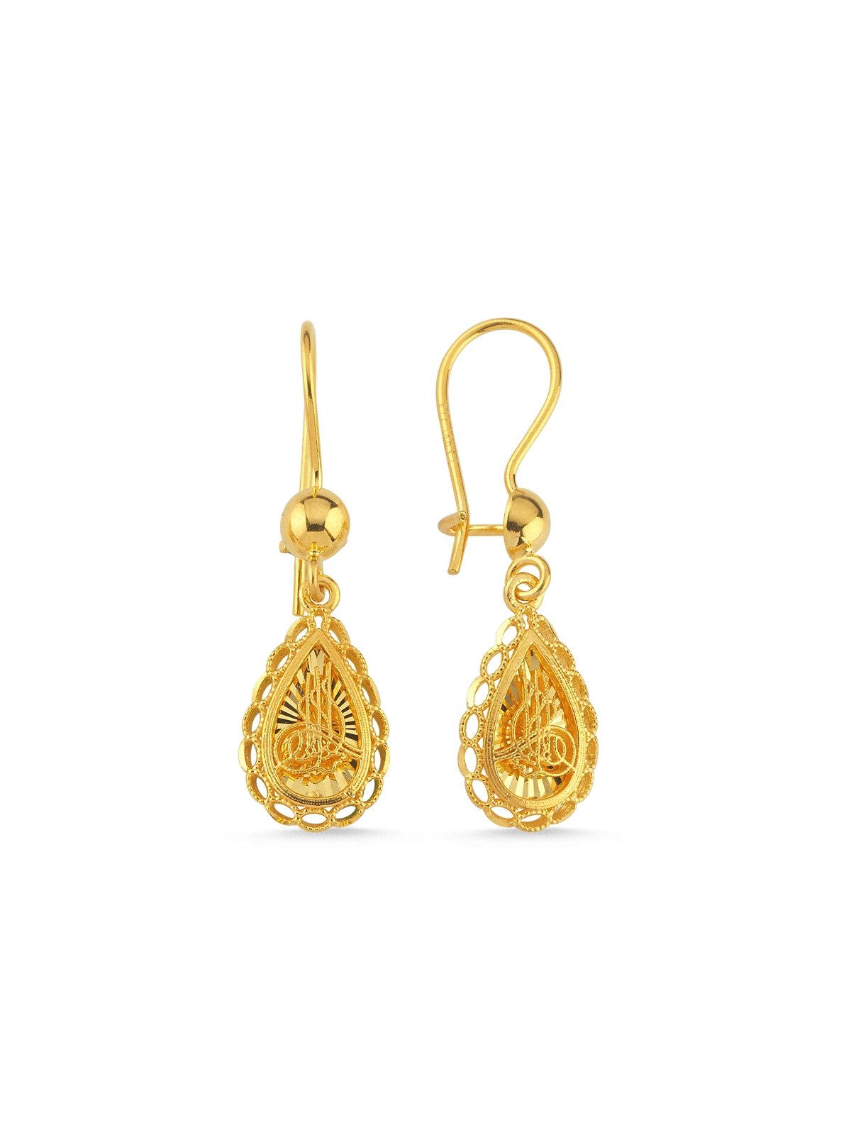 Tuğralı Damla Sallantılı Altın Küpe