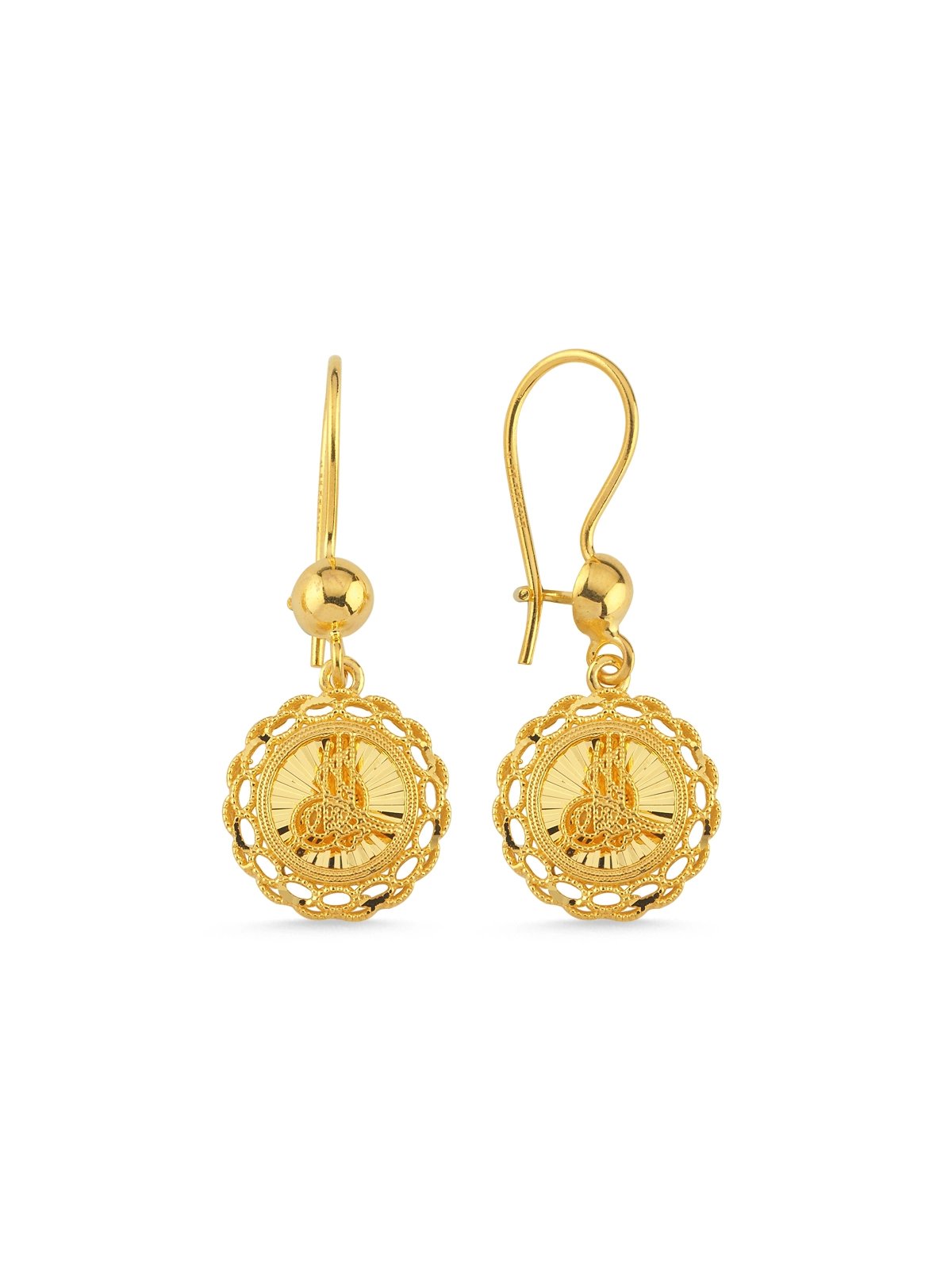 Tuğra Işıltısı Sallantılı Altın Küpe