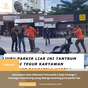 Karyawan toko Alfamart Pancasila ( Baju Orange ) menegur seseorang yang diduga seorang juru parkir liar