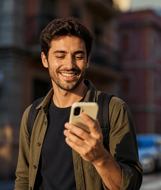 Man smiling at his protocol match on his phone