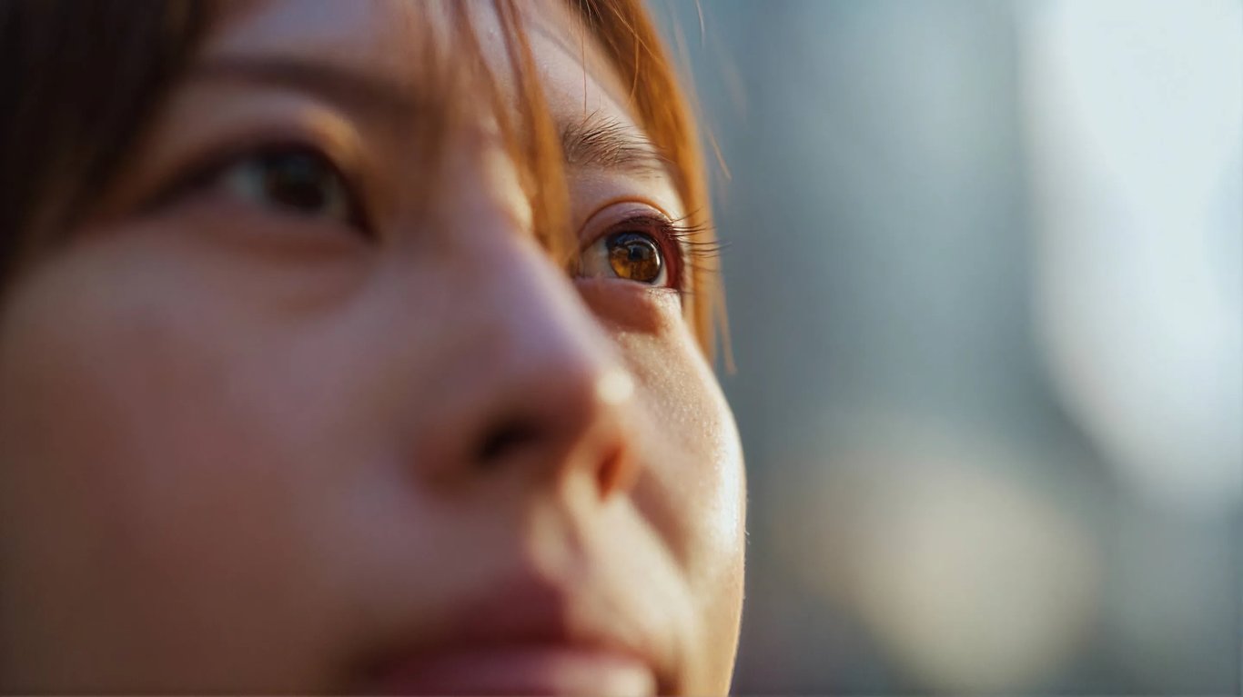 Close-up of a person looking up toward the light, shot from below