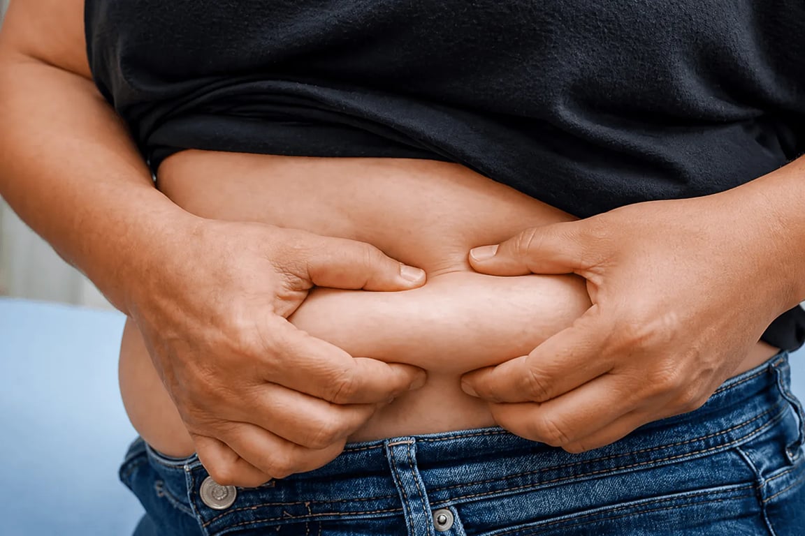 Pinching lower-abdomen skin