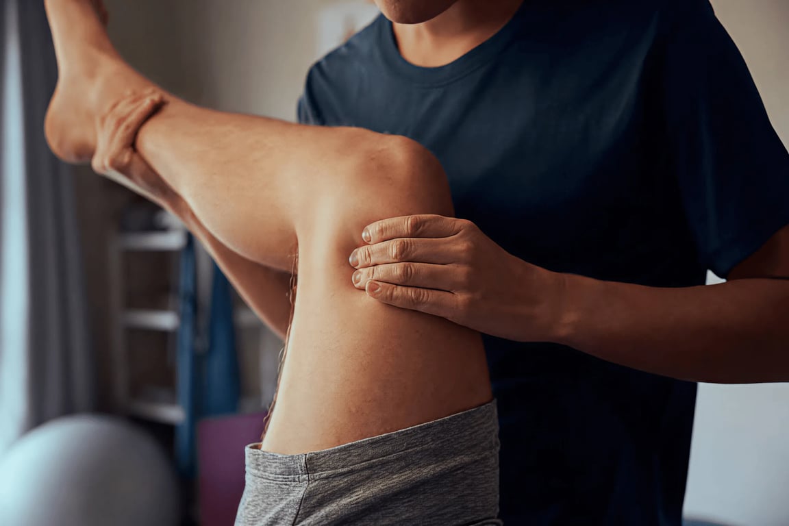 full-bleed photo of a physiotherapist's hands examining a patient's raised knee and lower leg