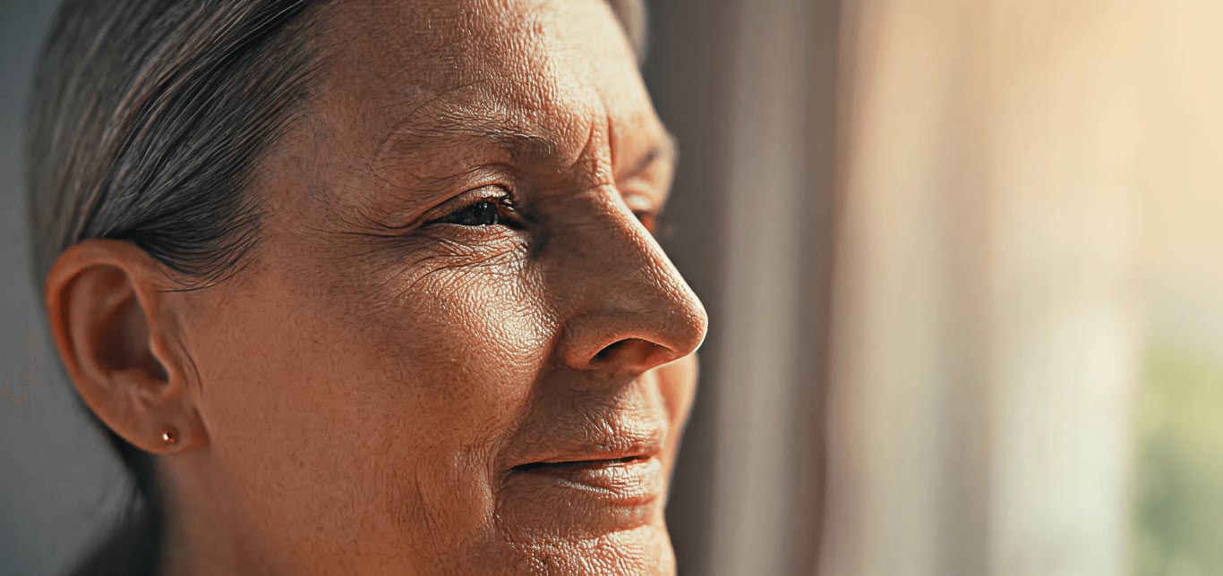 close-up profile of an older woman's face in warm sunlight