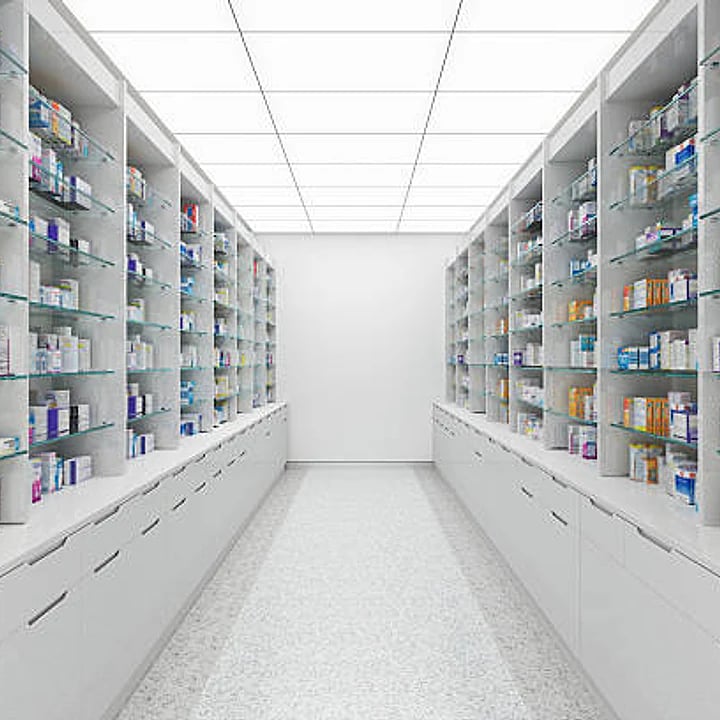 Pharmacy shelving aisle