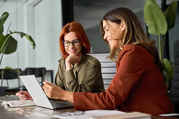 Two partners reviewing options at a laptop