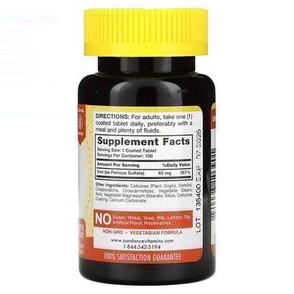 صندانس فيتامينز‏ حديد 65 ملجم 100 قرص مغلف Sundance Vitamins, Iron, 65 mg, 100 Coated Tablets