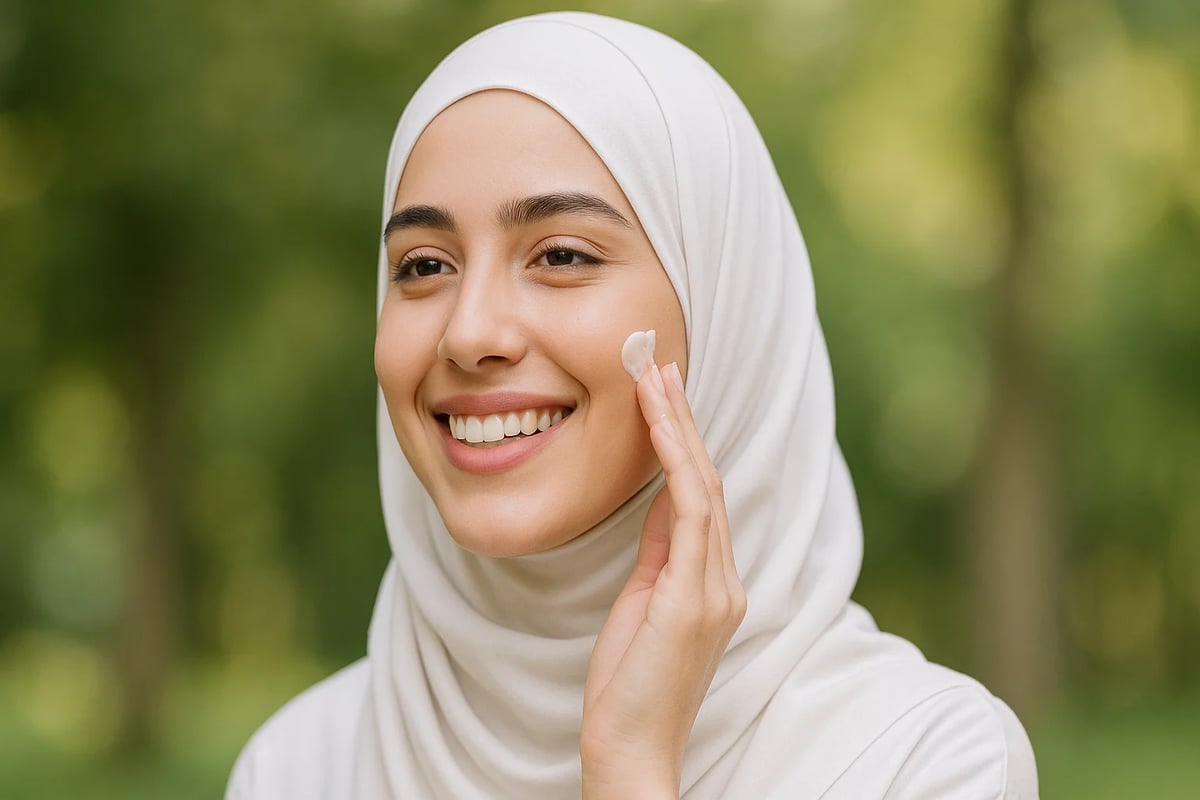 امرأة سعودية محجبة تبتسم في الطبيعة أثناء وضع كريم على وجهها، تعبير عن العناية بالبشرة والجمال الطبيعي – دليل منتجات العناية بالبشرة والشعر من تو كوين 2025