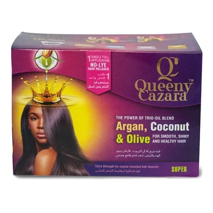 كويني كازارا مجموعة فرد الشعر بالارغان وجوز الهند والزيتون قوي Queeny Cazara No-Lye Relaxer Kit Super