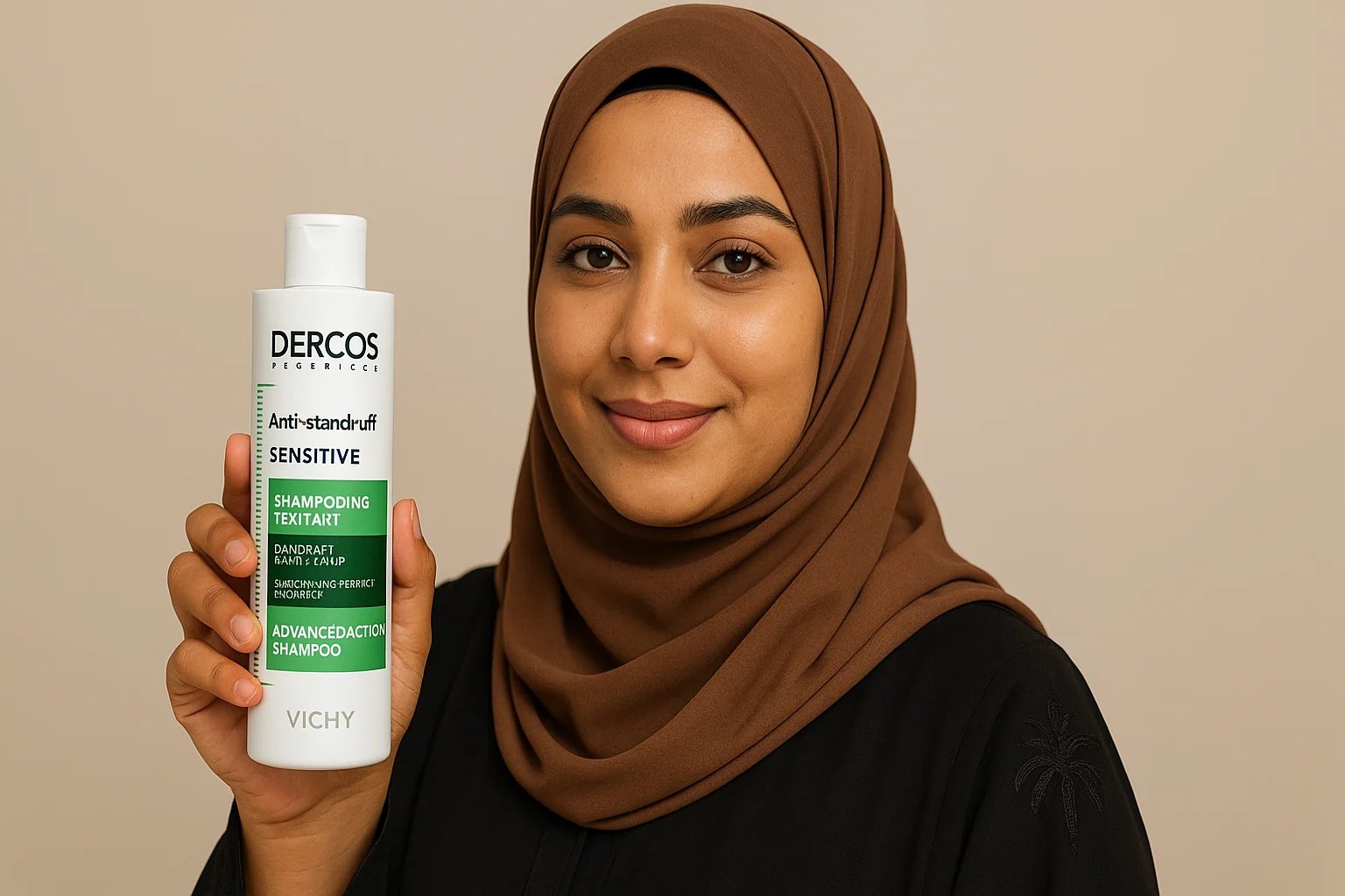 امرأة عُمانية محجبة تحمل شامبو فيتشي ديركوس المضاد للقشرة لفروة الرأس الحساسة – تجربتي مع شامبو فيتشي للقشرة