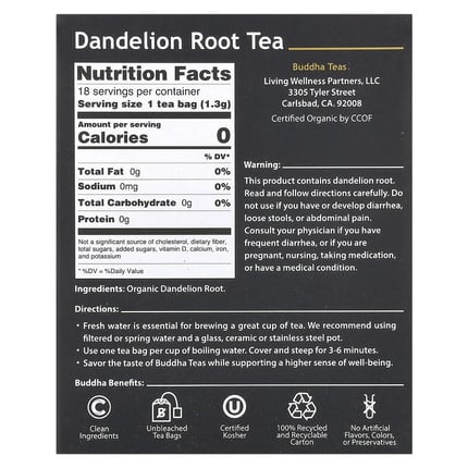 بودا تيز‏ شاي أعشاب عضوي جذور الهندباء خال من الكافيين 18 كيس Buddha Teas Organic Herbal Tea Dandelion Root