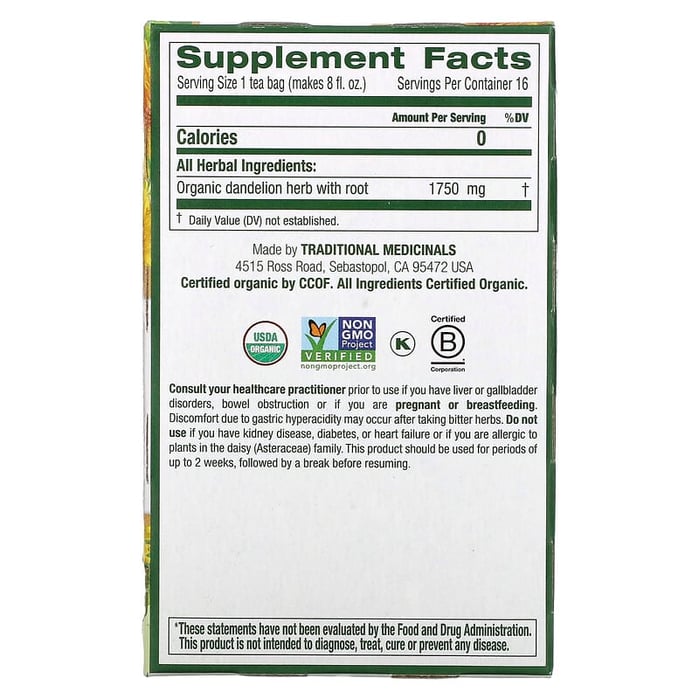 تراديشيونال ميديسينالز شاي اوراق وجذور الهندباء 16 كيس Traditional Medicinals Herbal Teas Organic Dandelion Leaf & Root