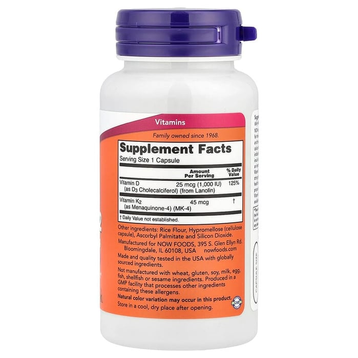 ناو فودز كبسولات فيتامين د3 +كي2 - 1000 وحدة - 120 كبسولة Now Vitamin D3 & K2