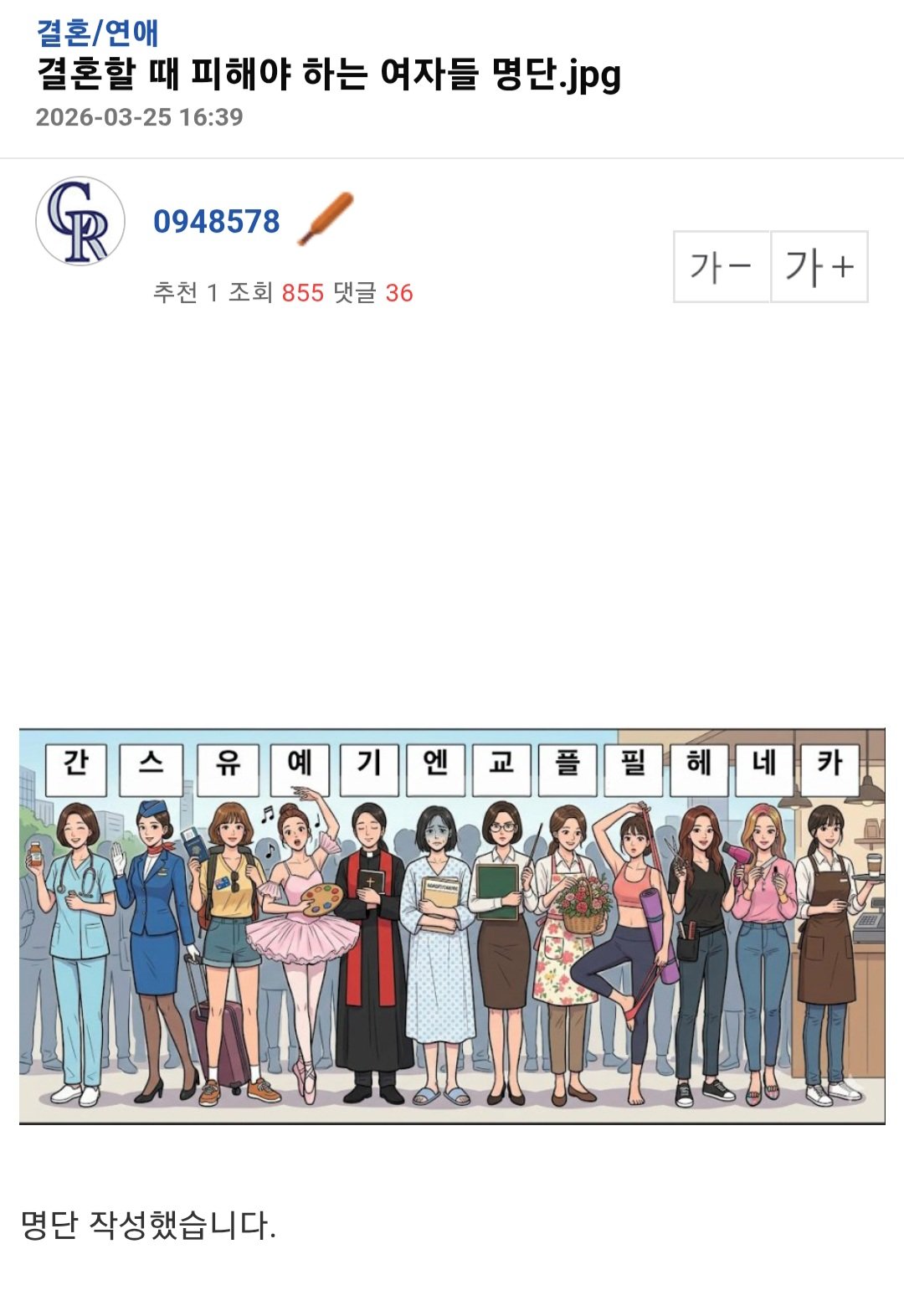 남초커뮤에서 만든 결혼할 때 피해야 하는 여자들 명단