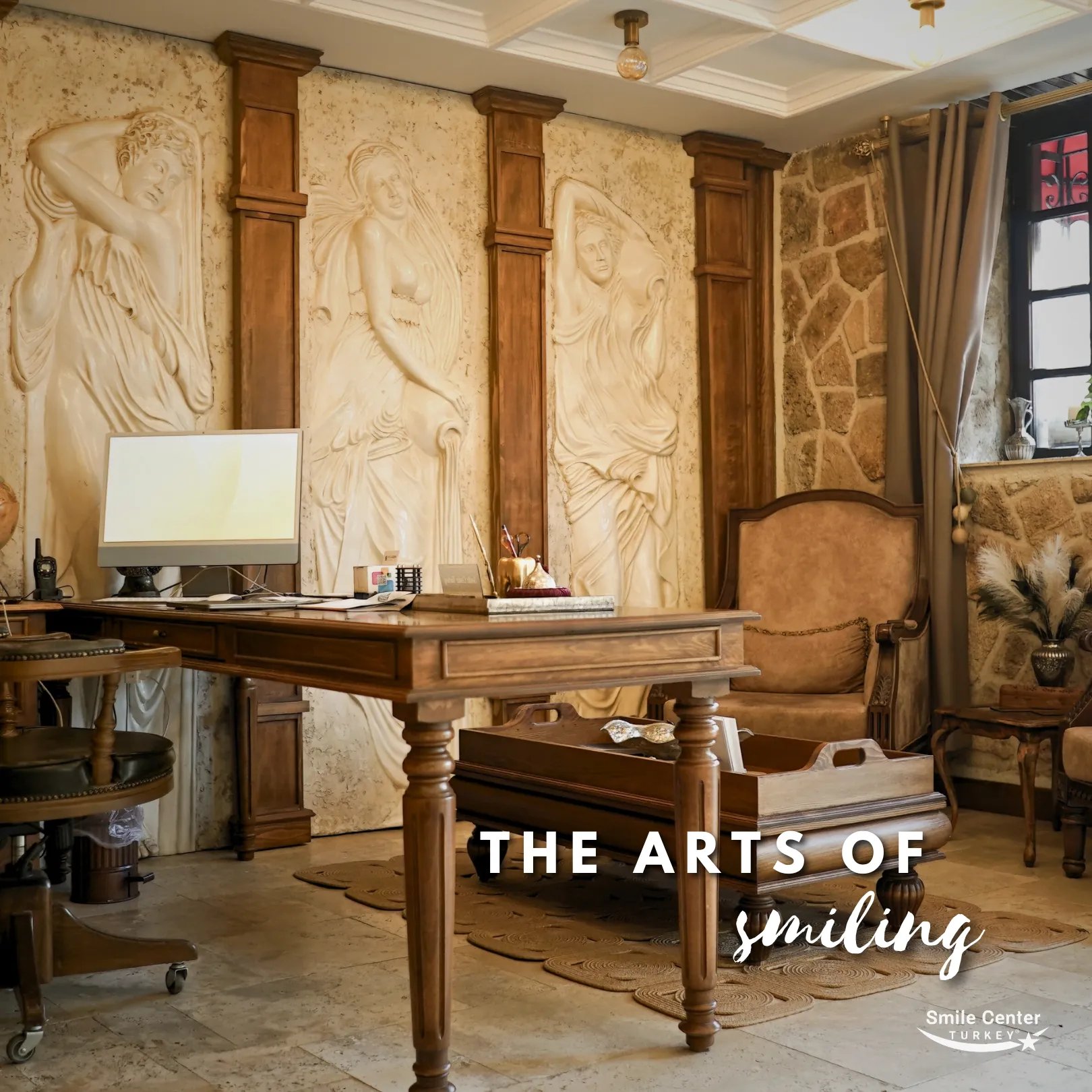 Aesthetic wall decor in dental clinic showing artistic interior.