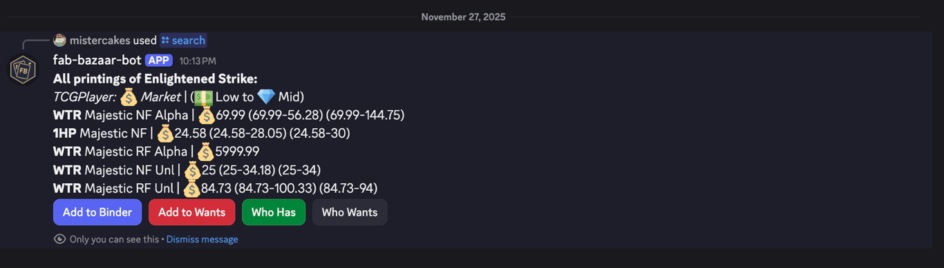 Discord bot search command showing card results