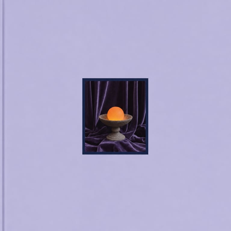 A Curated Collection — small surreal still life in a navy frame on a periwinkle ground.