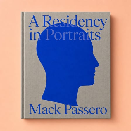 A Residency in Portraits by Mack Passero — bold blue silhouette on a linen cover, on peach.