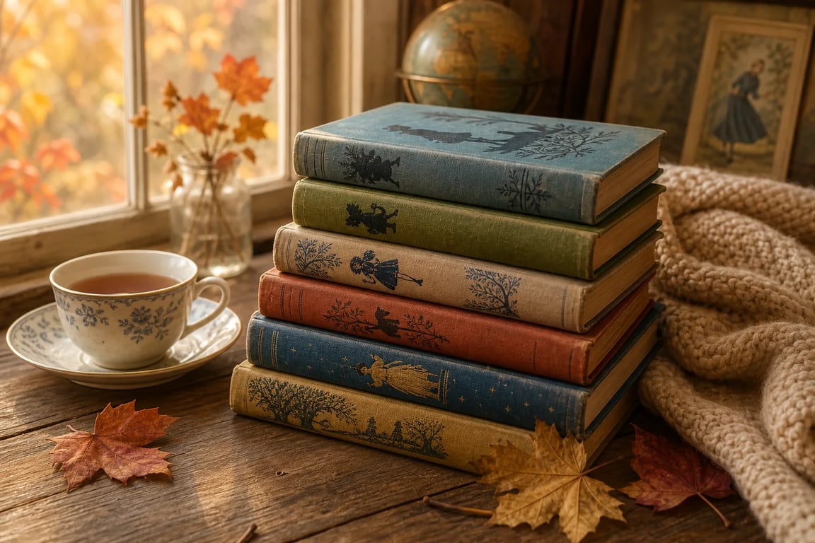 A stack of classic cloth-bound children's chapter books beside a cup of tea and a blanket