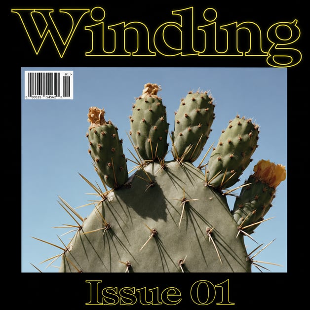Winding Issue 01 — close-up cactus pad with chartreuse outlined type on black.