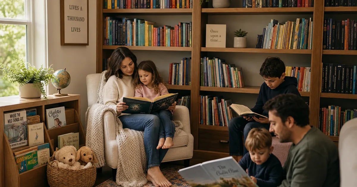A warm, inviting home library corner for children with shelves of colorful classic books