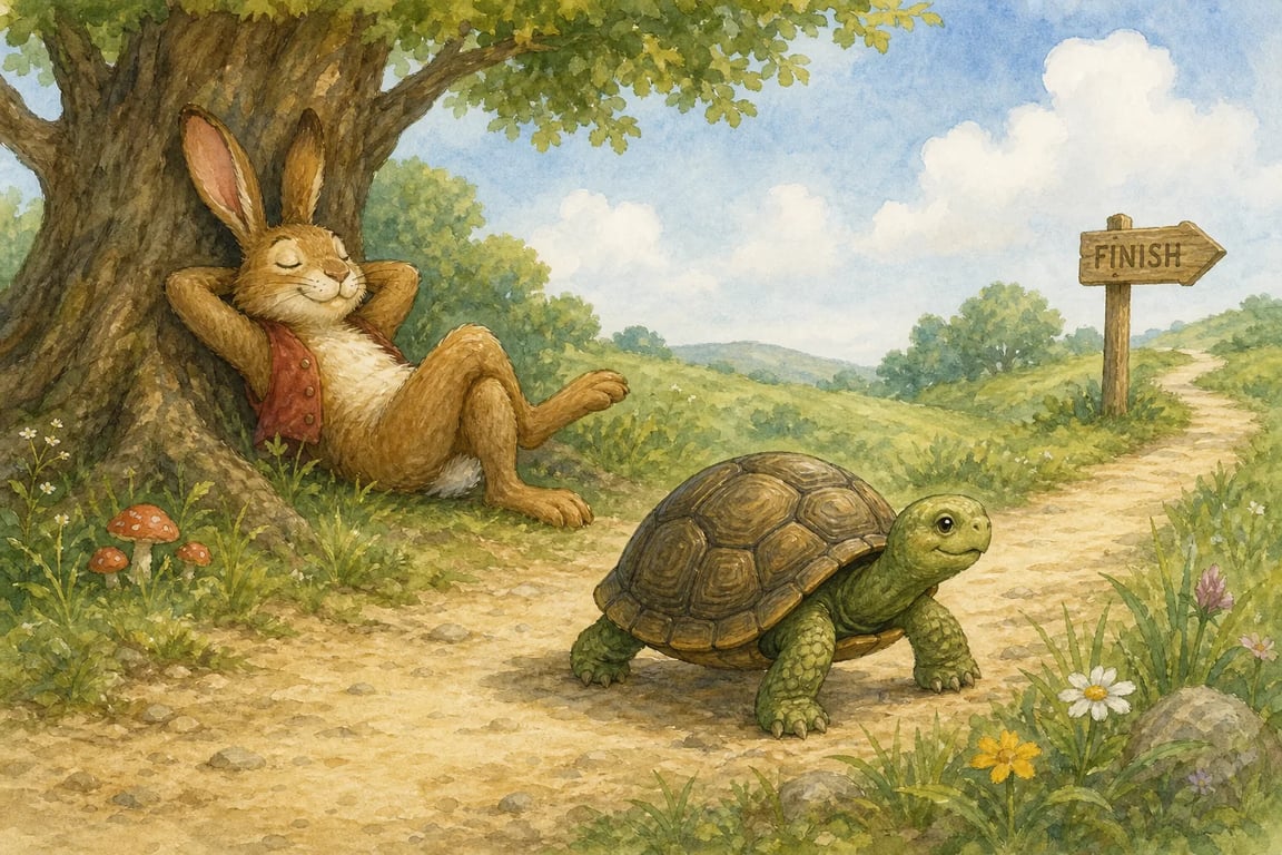 Tortoise and the Hare fable storybook illustration