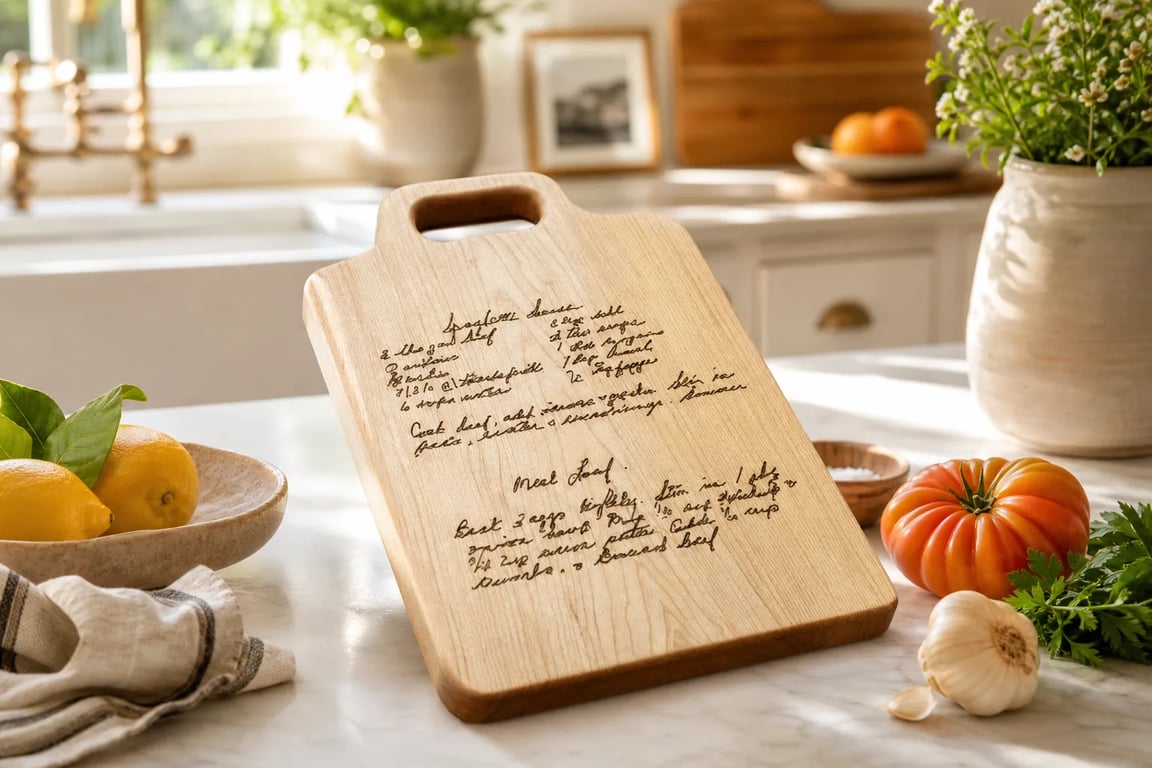 Engraved handwritten recipe cutting board displayed on a stand in a warm sunlit family kitchen