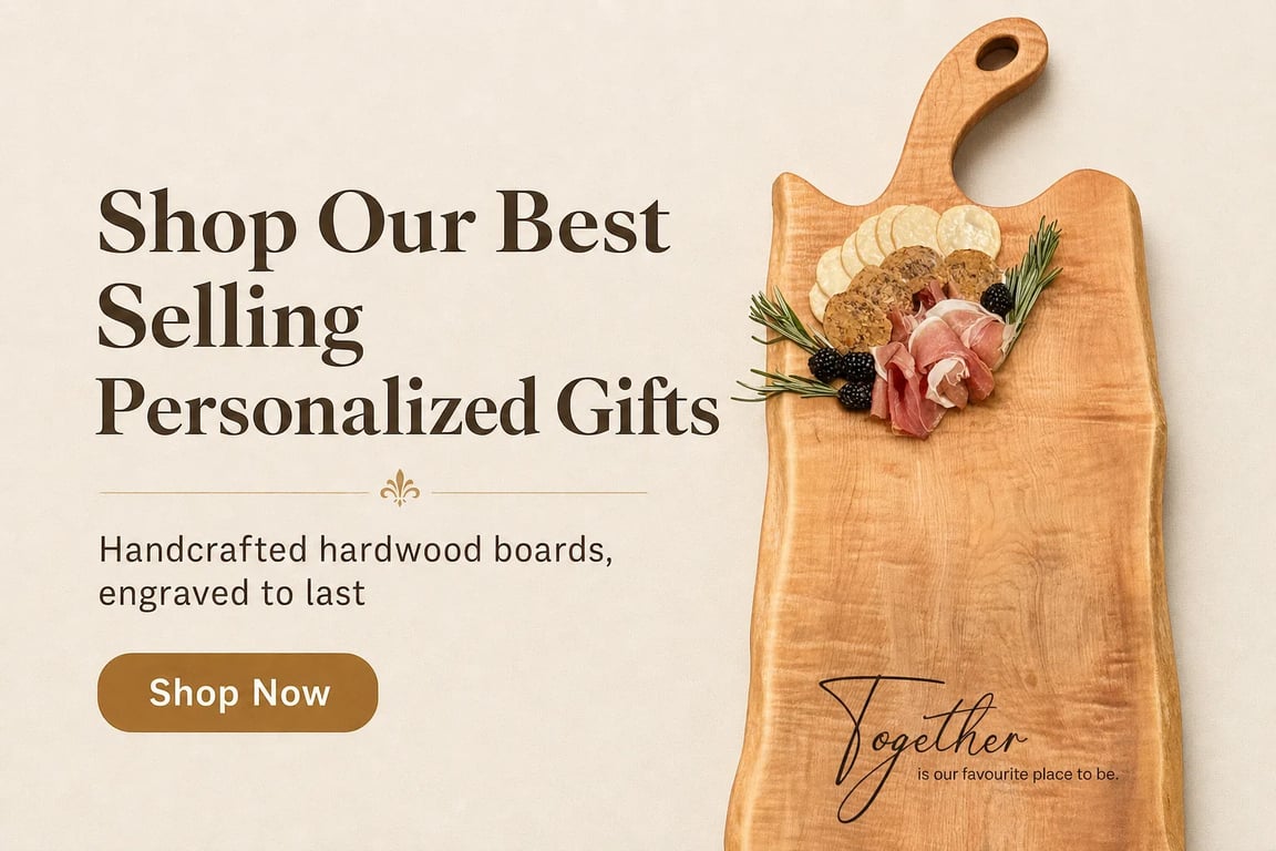 Best selling personalized charcuterie board gifts, handcrafted engraved hardwood boards from Roots To Table