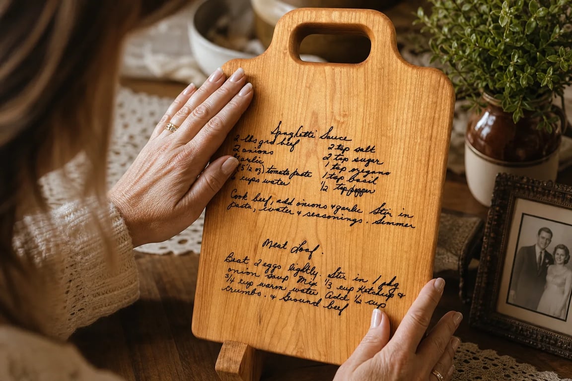 Close-up of a loved one's handwriting engraved into a maple recipe cutting board keepsake