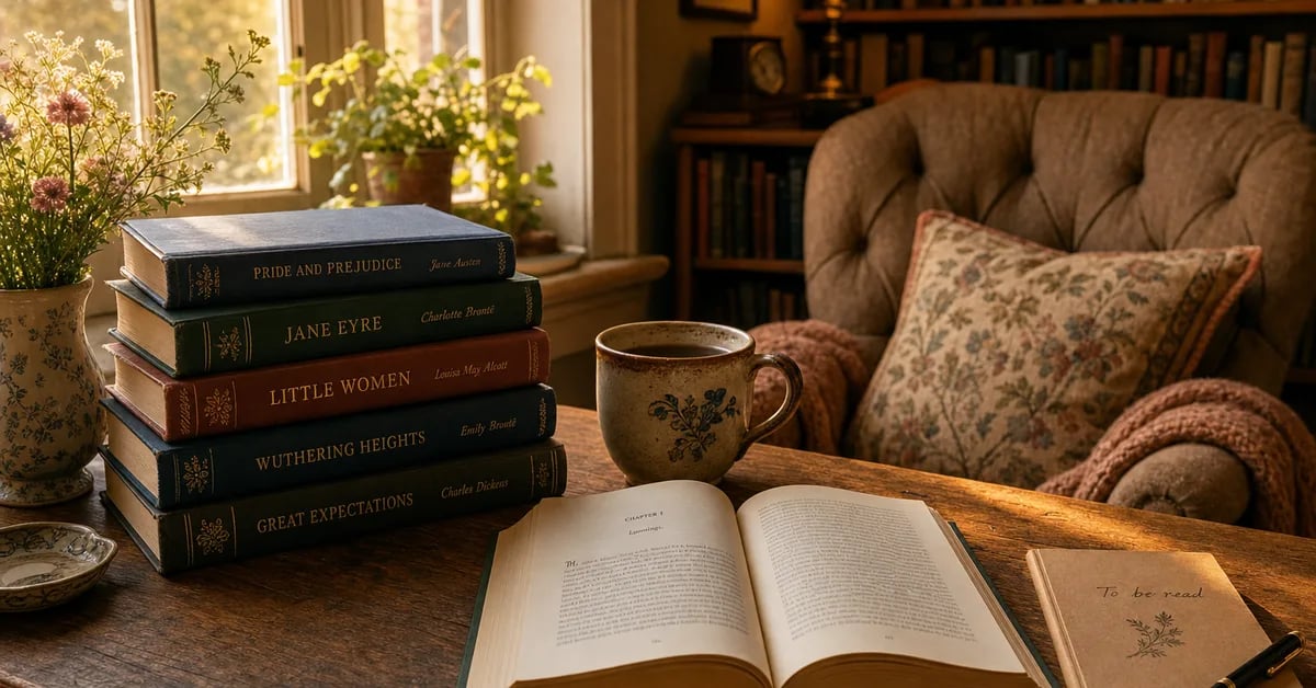 A cozy reading nook with a stack of classic short stories and a warm cup of tea