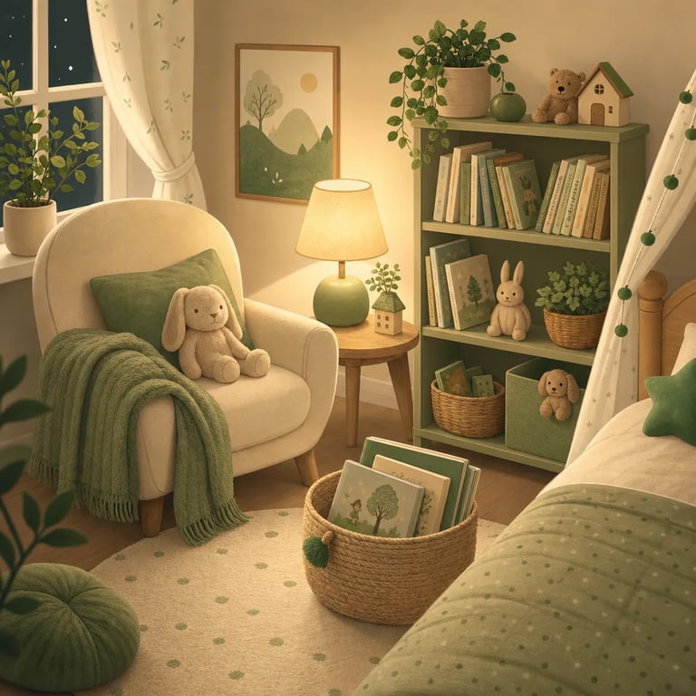 A cozy bedroom reading corner with an armchair, a basket of picture books, and a warm lamp