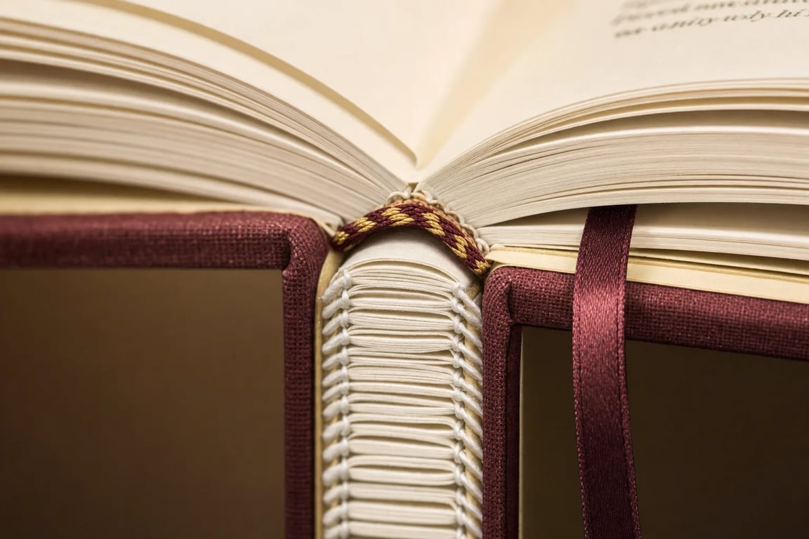 Close-up of Smyth-sewn binding, headband and ribbon marker