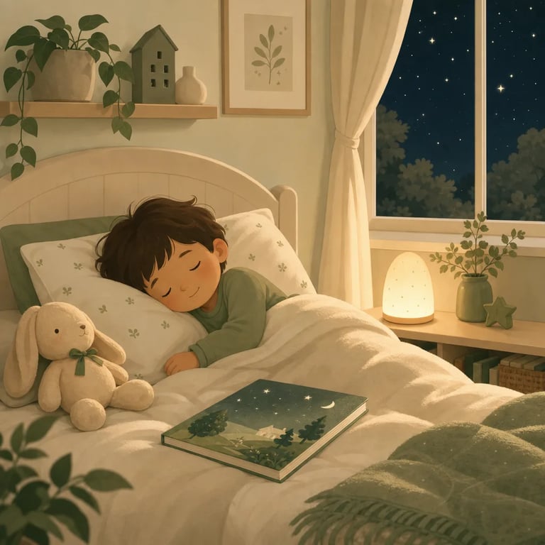 A child drifting off to sleep with a picture book resting on the blanket and a soft nightlight glowing