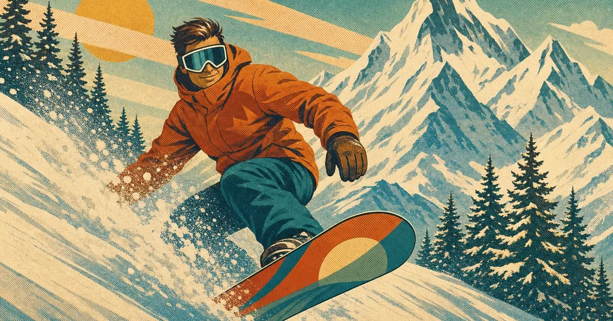 Retro 1960s vintage advertising illustration of a confident snowboarder carving through fresh powder down a sunlit mountain slope, warm muted color palette with halftone texture.