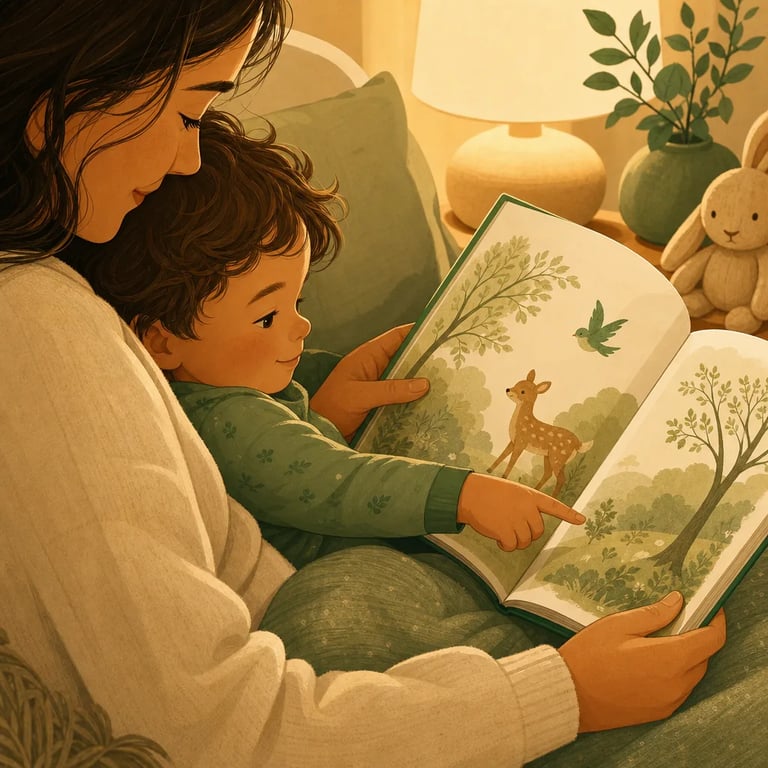 A parent's hands holding an open picture book as a child points at the page