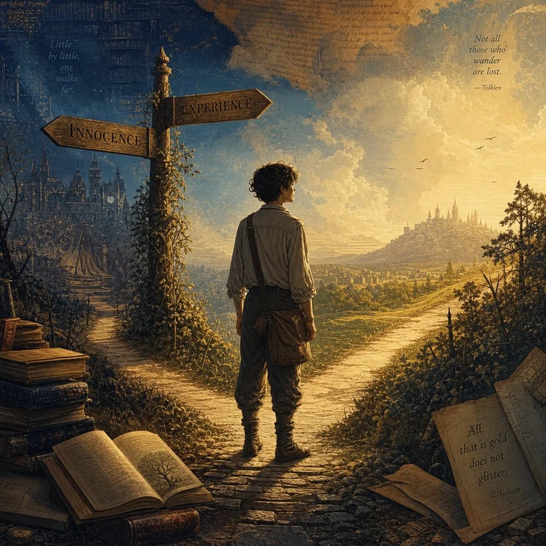 A young person standing at a literary crossroads, surrounded by classic books