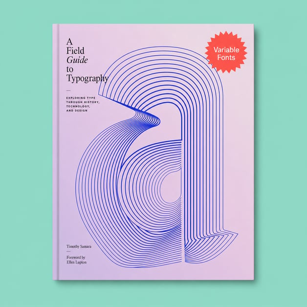 Variable Fonts book cover — concentric blue letter A with a red badge, on mint.