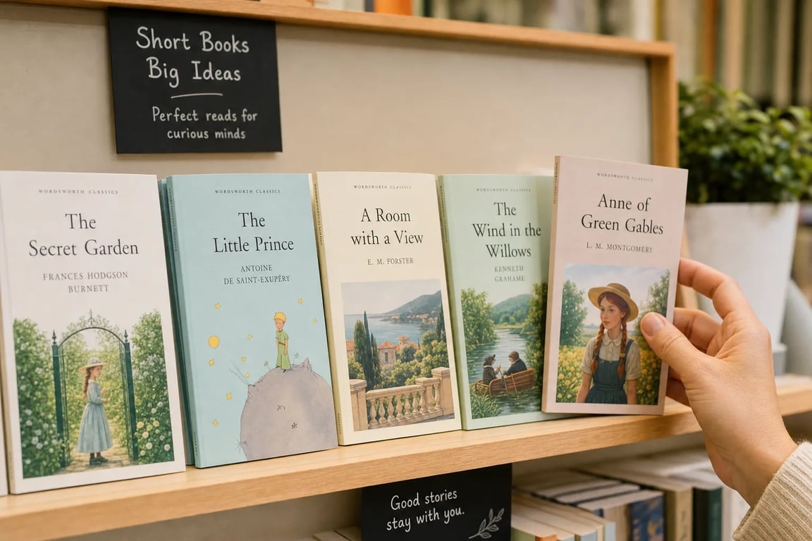 Slim short classic paperback novels on a shelf