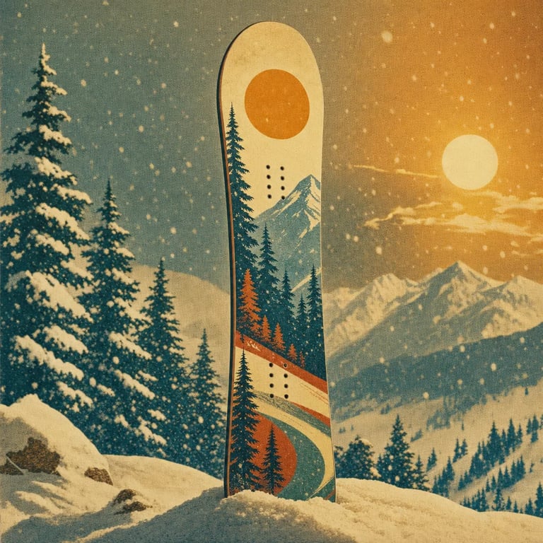 Retro 1960s vintage product illustration of a single all-mountain freestyle snowboard standing upright in the snow, featuring an illustrated winter-forest pine-tree design in warm muted tones with halftone texture.