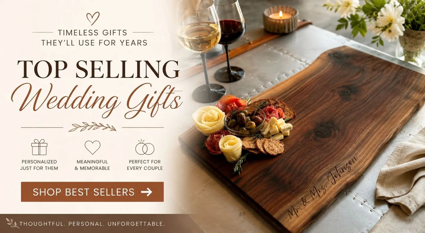 Top selling personalized wedding gifts, elegant personalized cutting boards and charcuterie boards engraved with couple names
