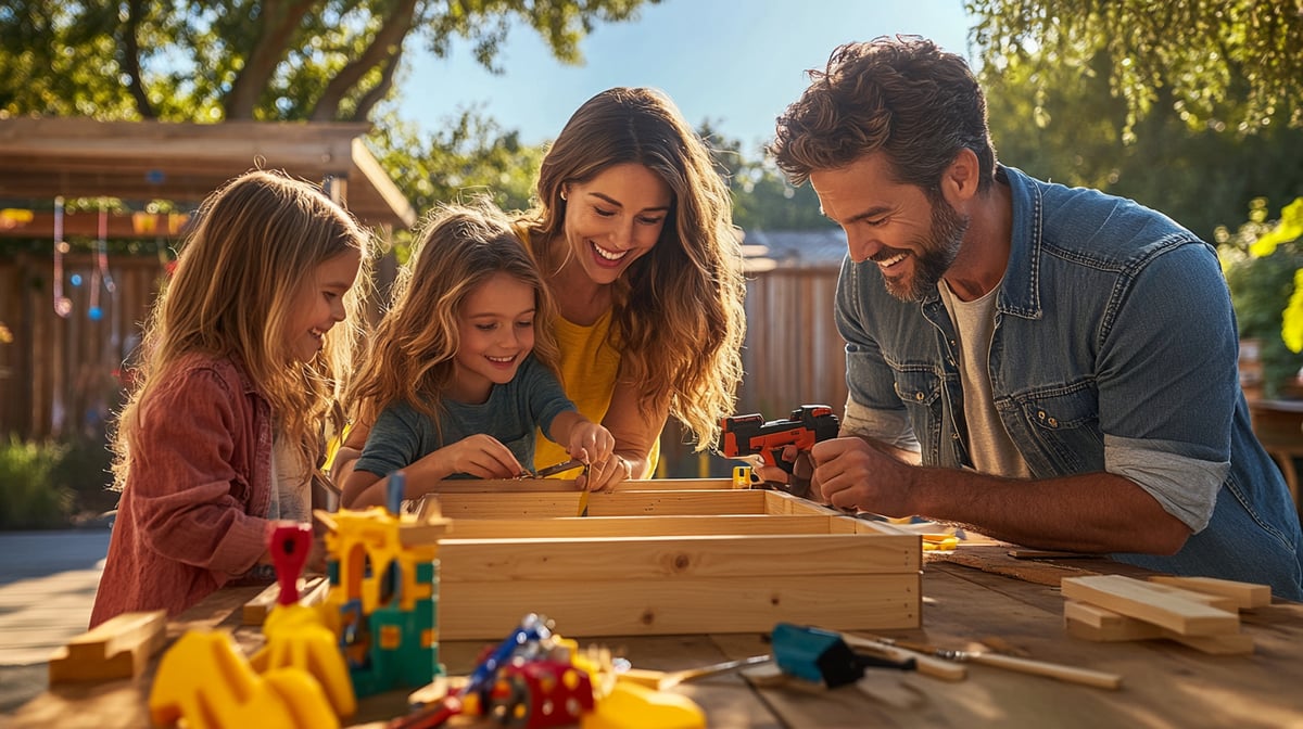 Father and child working on a woodworking project together