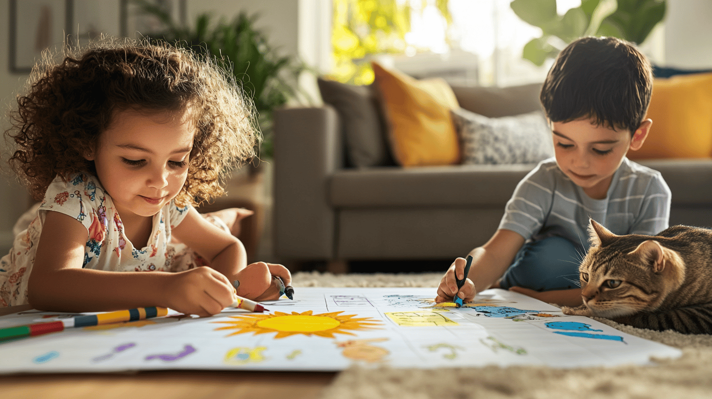 Children decorating their chore chart with stickers and markers